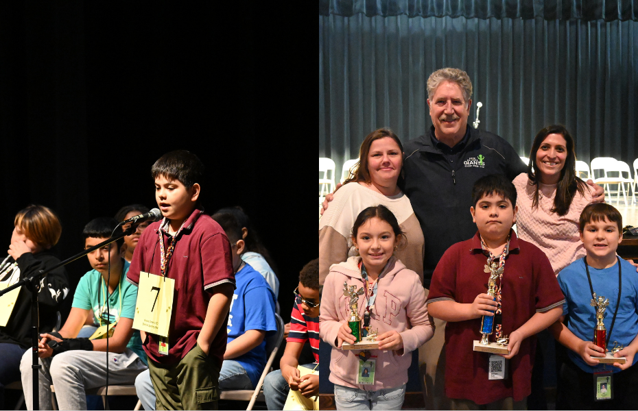 Photo of William Kolb Spelling a word and of him with classmates and DZ Admin with Dr. OBrien