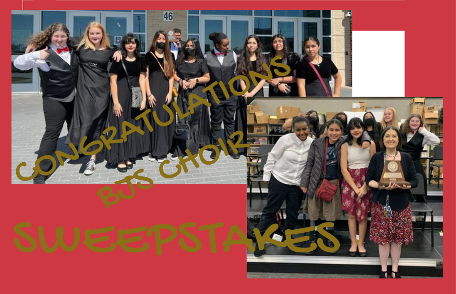 Image of BJS choir students and director, Mrs. Silverberg on risers and in front of school