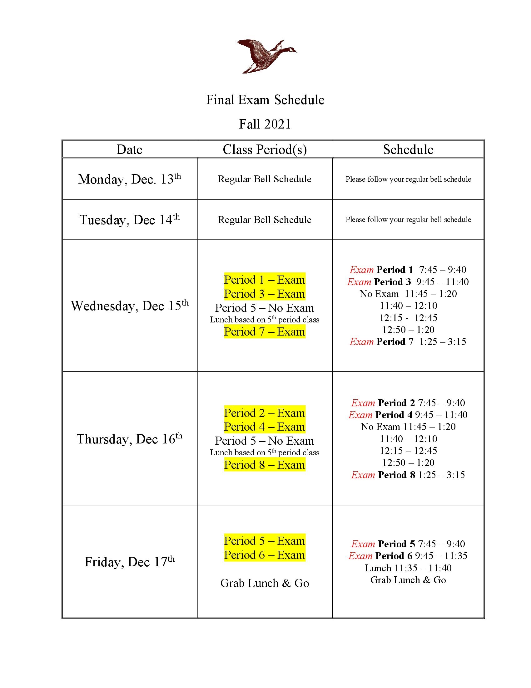 photo of final exam schedule