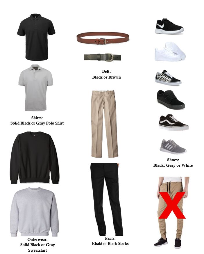 Uniform Examples black or gray polo, black, gray,white shoes, khaki or black pant