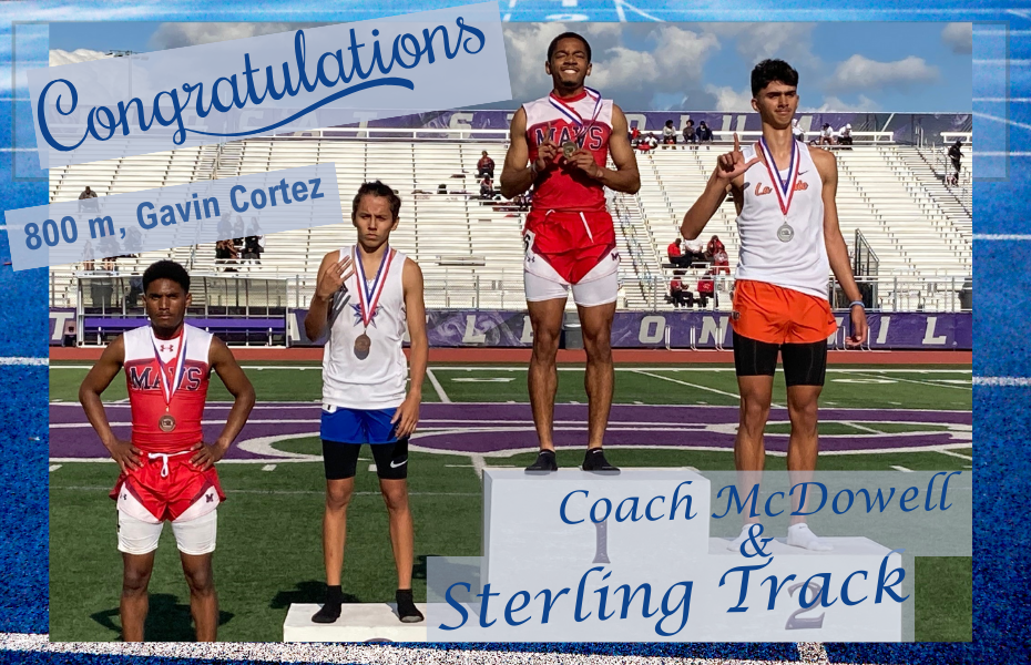 Image of track field and student,  Congratulations 800m Gavin Cortez, Coach McDowell & Sterling Track"
