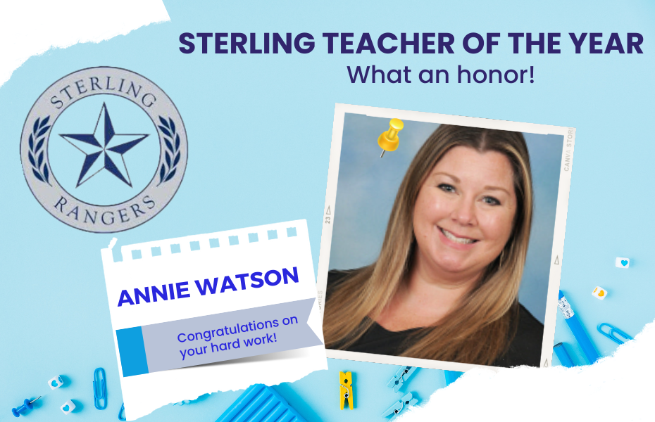 Sterling emblem, A. Watson, school supplies, "Congratulations Annie Watson, Sterling Teacher of the year"