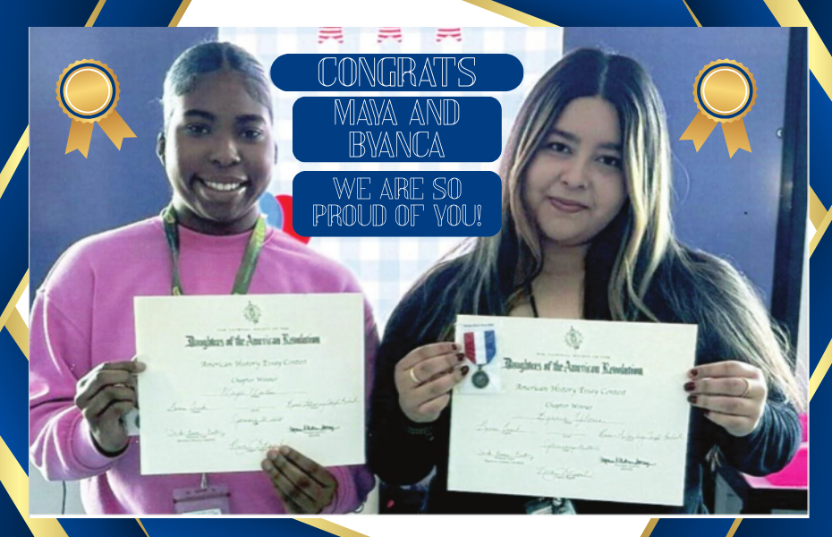 2 students, certificates, award ribbon, "Congrats Maya and Byanca, we are so proud of you"