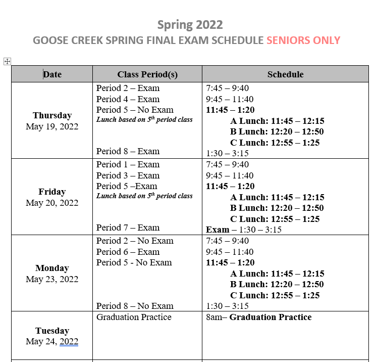 Senior Final Exam Schedule